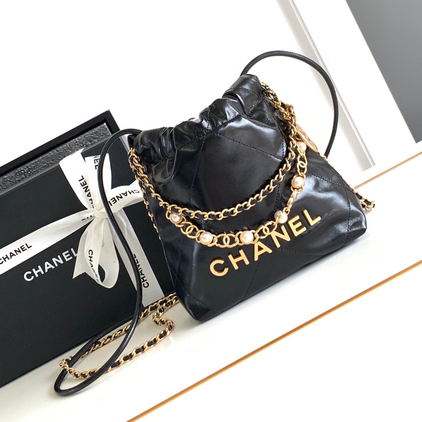 24a cc 22 hobo bag 20cm black lambskin pearl gold hardware mysite