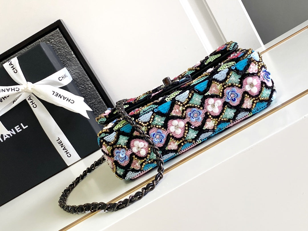 CC 24a Flap Bag 20cm Sequin Satin Black Hardware mysite