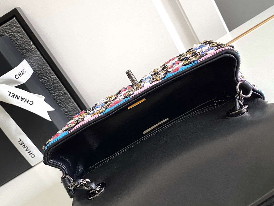 CC 24a Flap Bag 20cm Sequin Satin Black Hardware mysite