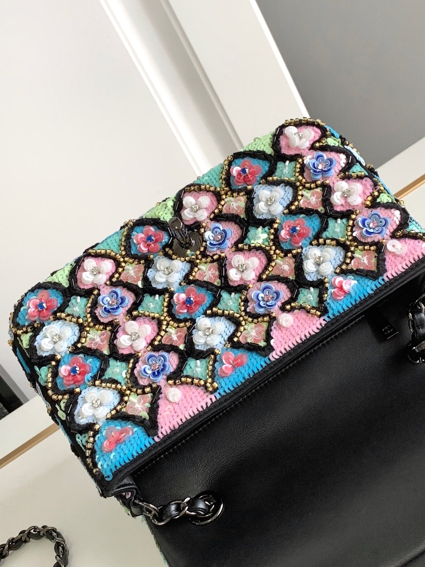 CC 24a Flap Bag 20cm Sequin Satin Black Hardware mysite