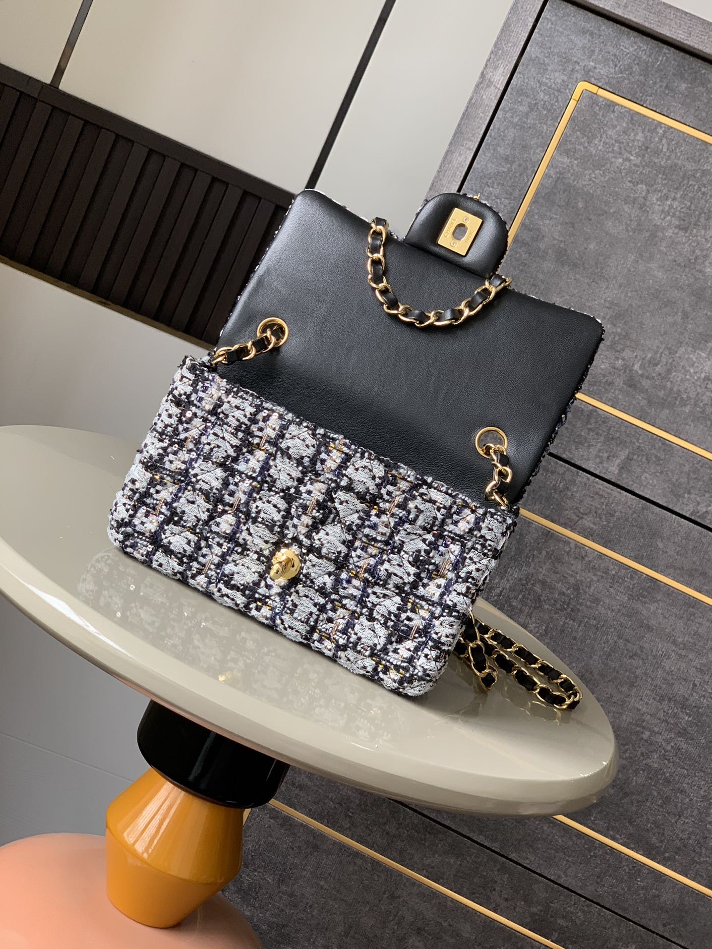 Flap Bag Mini 20cm Black White Tweed Sequin mysite