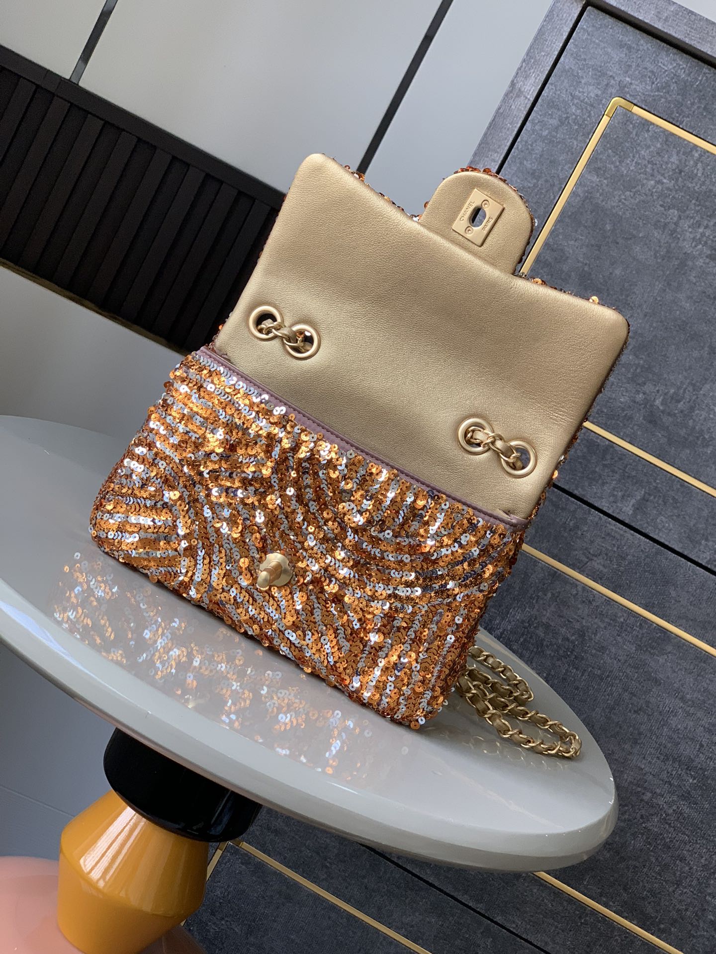 Flap Bag Mini 20cm Beige Calfskin Gold Bronze Sequin mysite