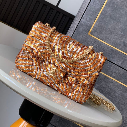 Flap Bag Mini 20cm Beige Calfskin Gold Bronze Sequin mysite