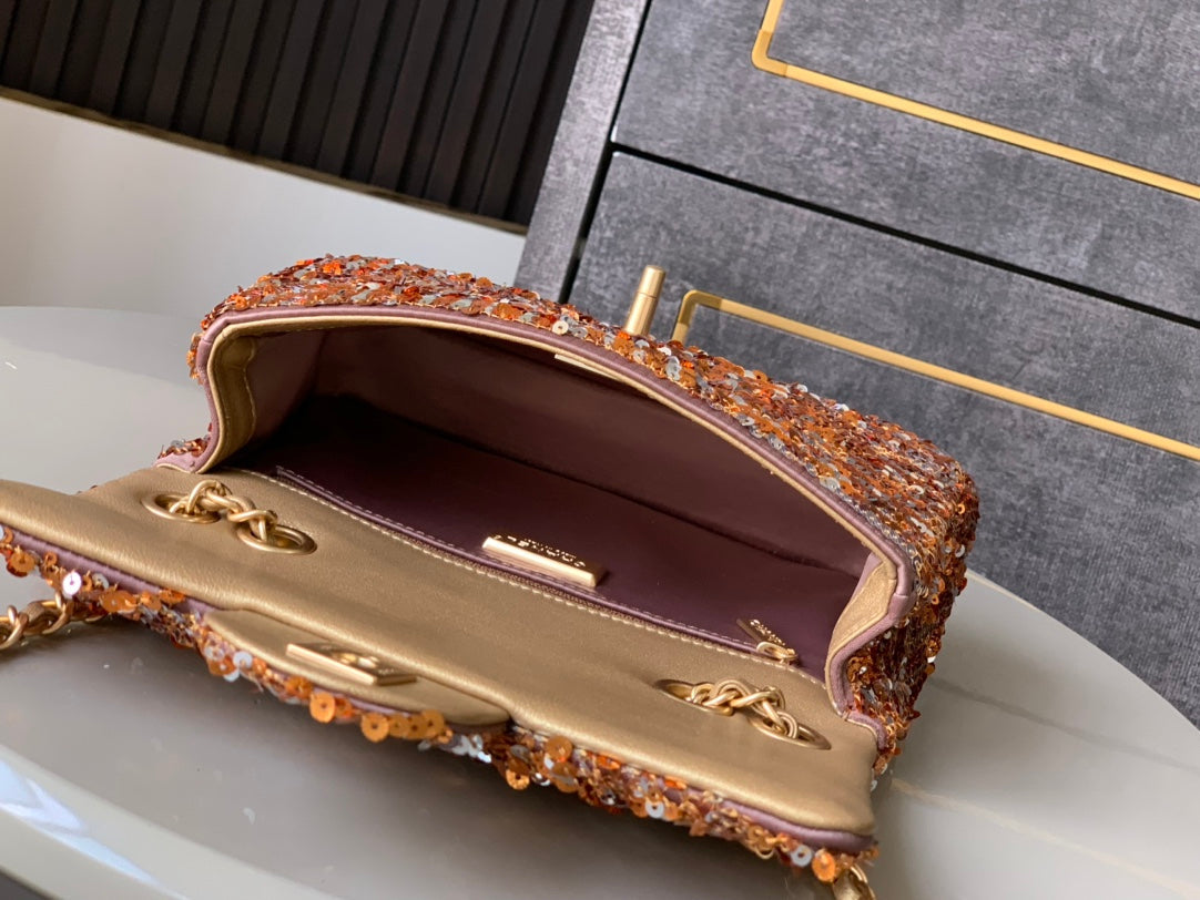 Flap Bag Mini 20cm Beige Calfskin Gold Bronze Sequin mysite