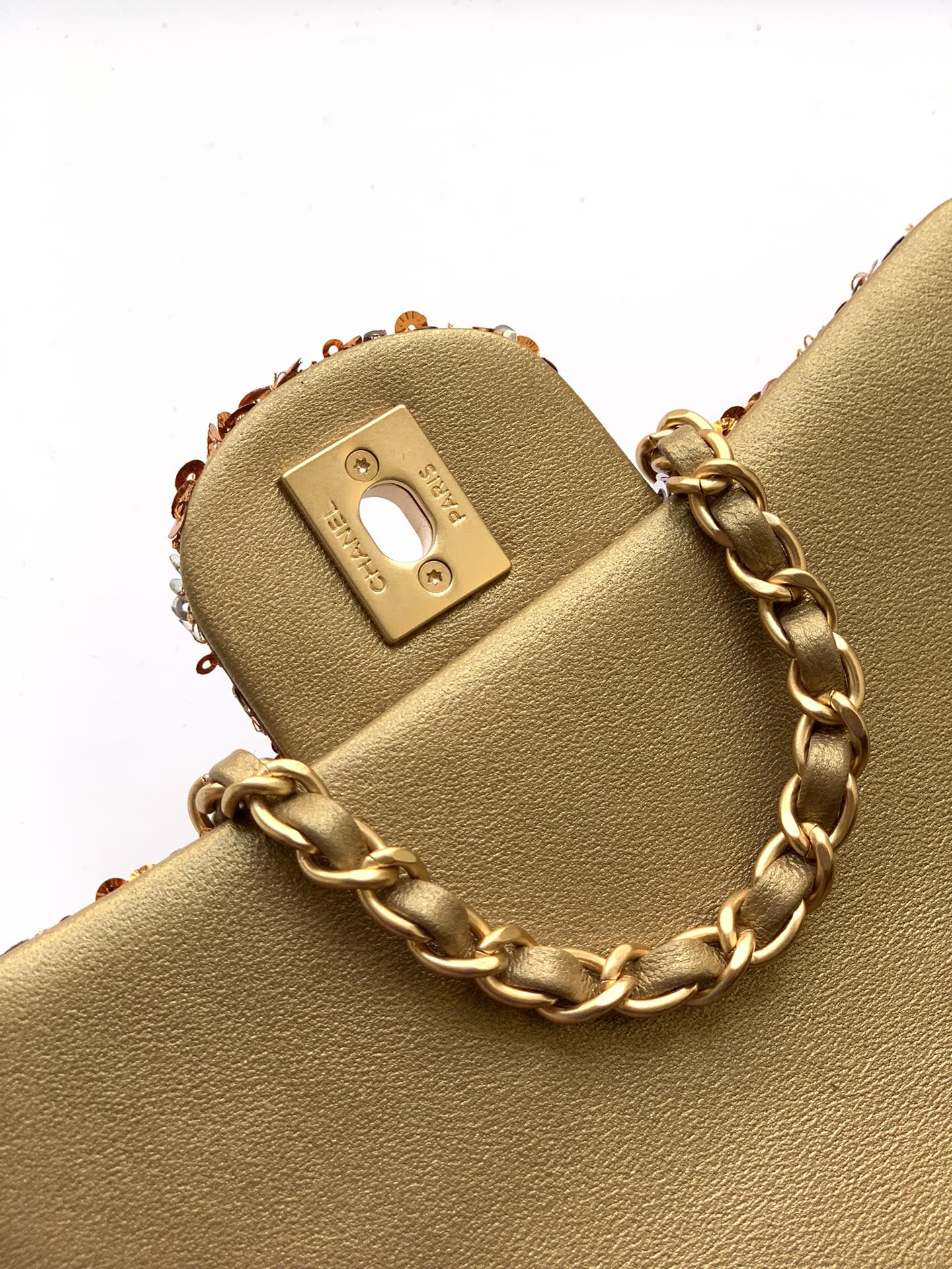 Flap Bag Mini 20cm Beige Calfskin Gold Bronze Sequin mysite