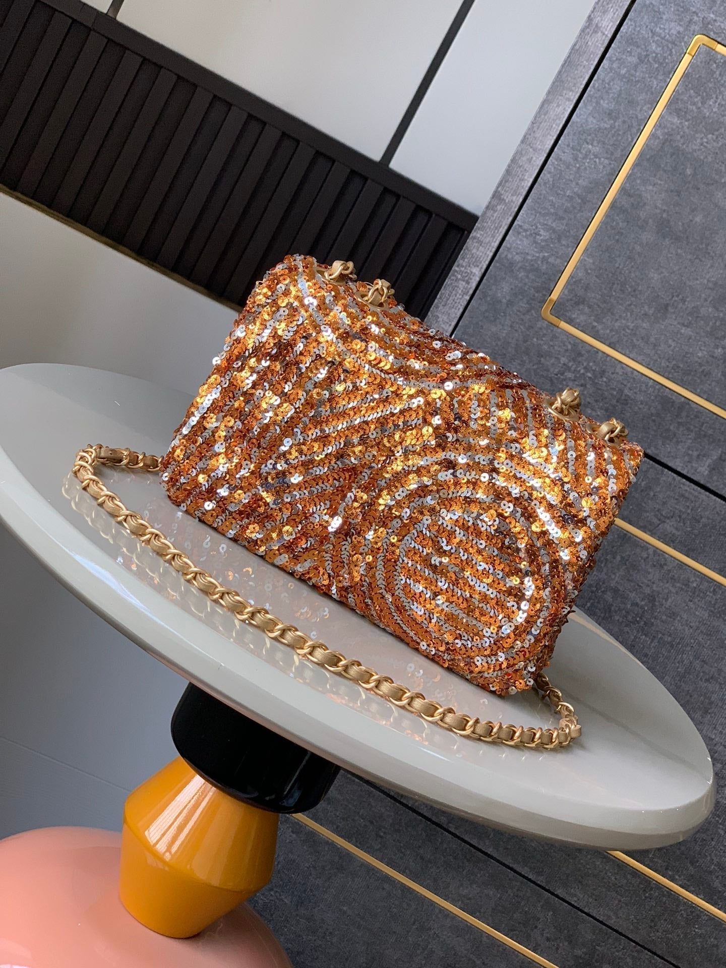 Flap Bag Mini 20cm Beige Calfskin Gold Bronze Sequin mysite