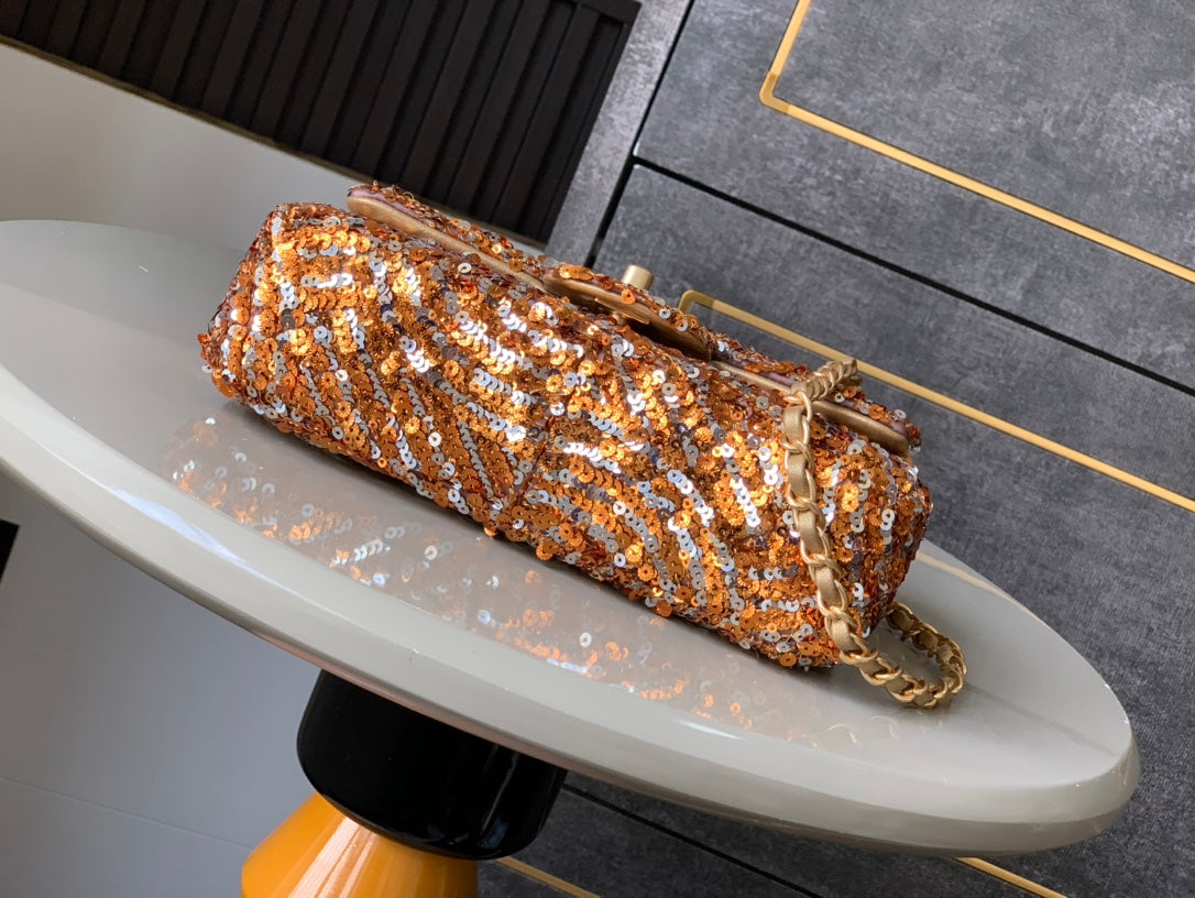 Flap Bag Mini 20cm Beige Calfskin Gold Bronze Sequin mysite