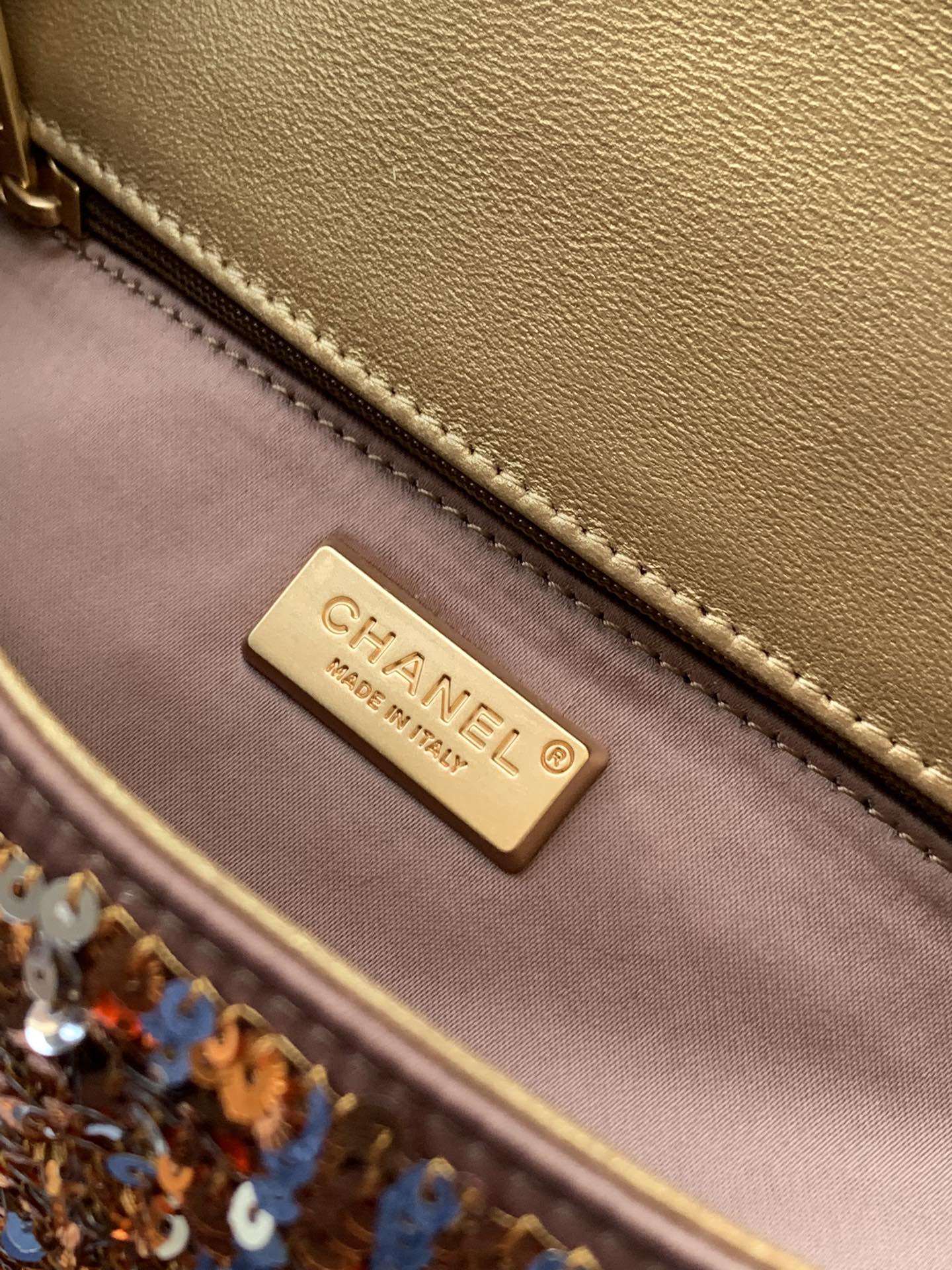 Flap Bag Mini 20cm Beige Calfskin Gold Bronze Sequin mysite