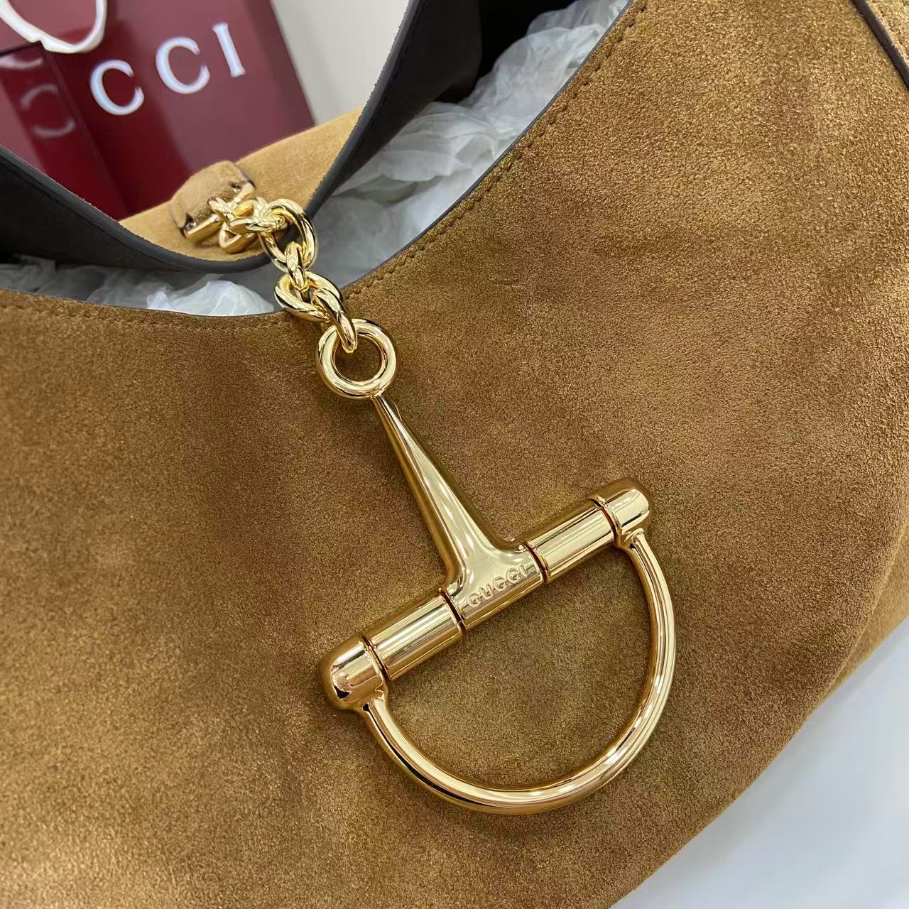 Gucci 25 Softbit 46cm Brown Gold Suede Leather 290512 mysite