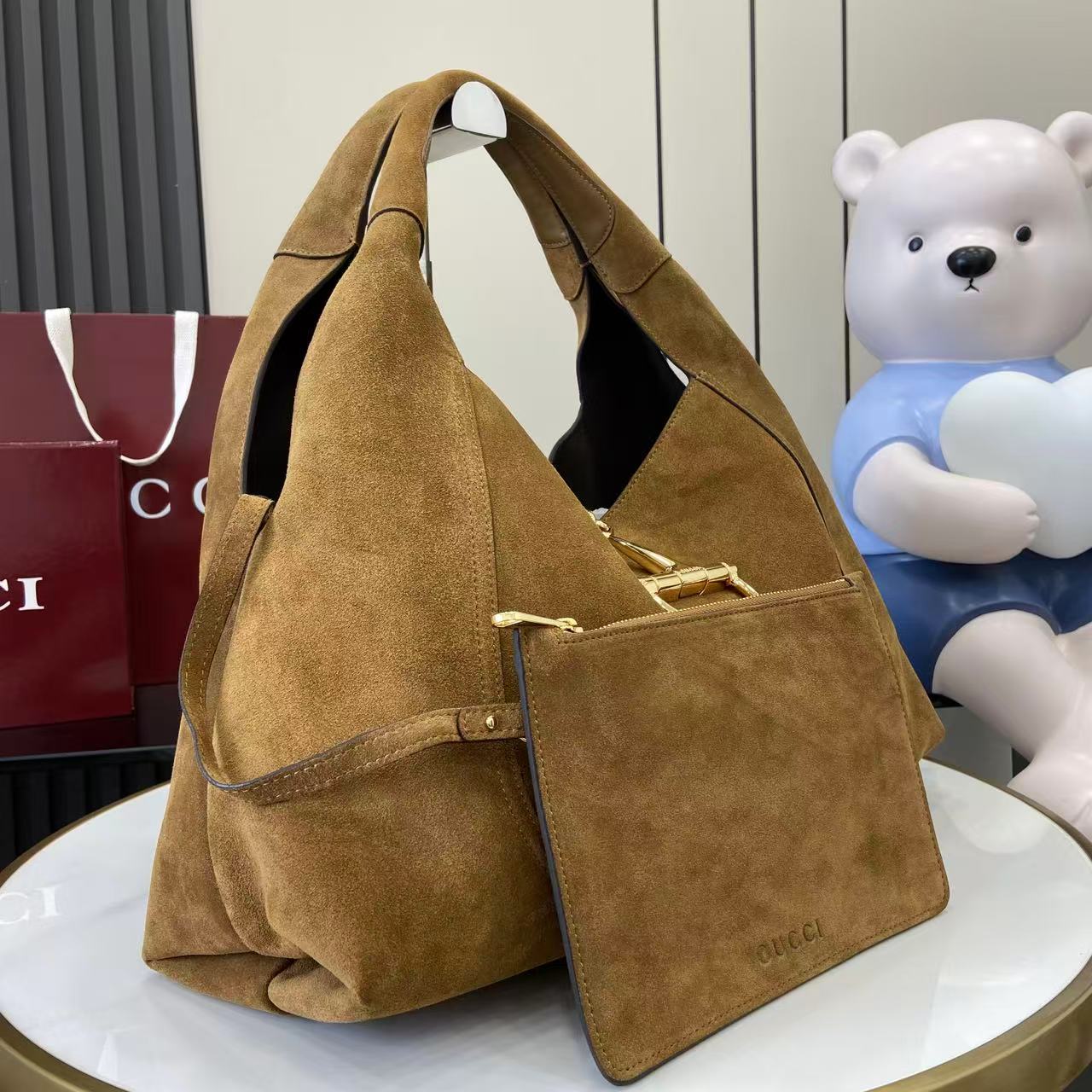 Gucci 25 Softbit 46cm Brown Gold Suede Leather 290512 mysite