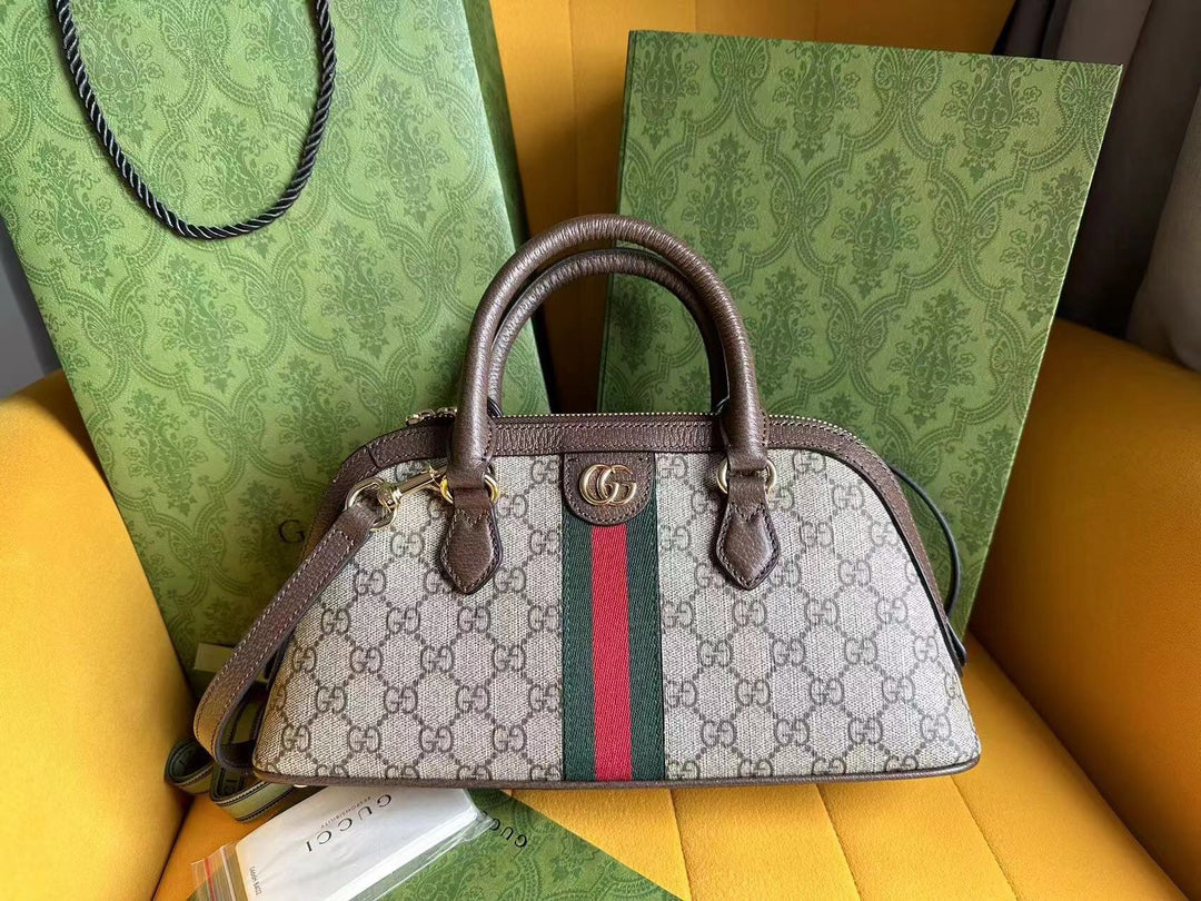 OPHIDIA 31 SMALL TOP HANDLE BAG IN BEIGE CANVAS AND BROWN CALFSKIN mysite