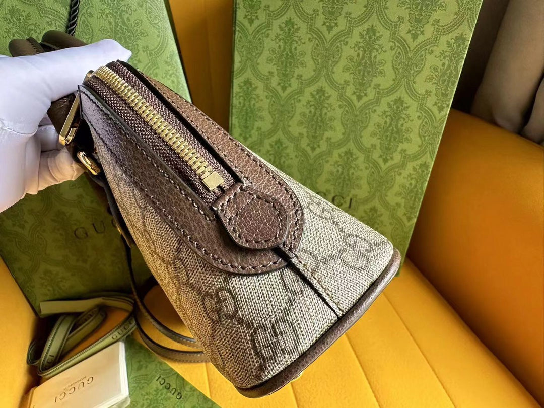 OPHIDIA 31 SMALL TOP HANDLE BAG IN BEIGE CANVAS AND BROWN CALFSKIN mysite