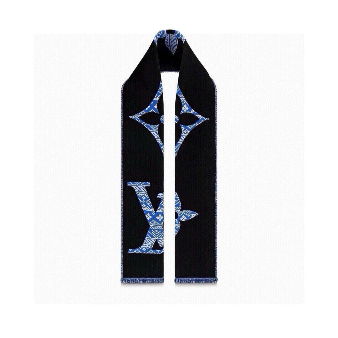 SCARF 200 CM IN BLACK MIX BLUE WOOL 390040 mysite
