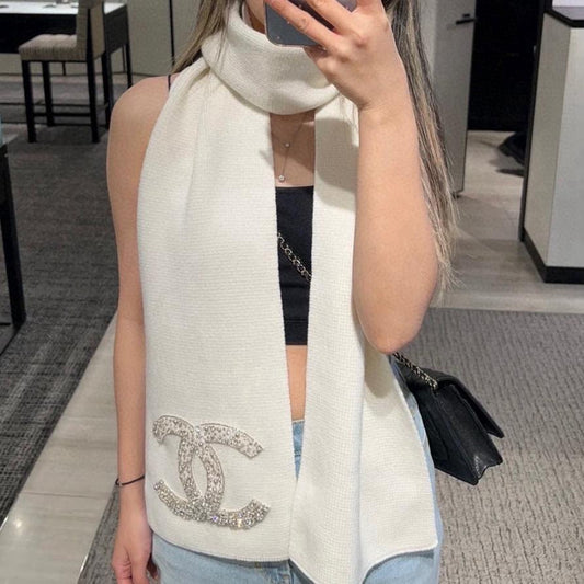 SCARF 180 CM IN WHITE CASHMERE WITH RHINSTONES 393227 mysite