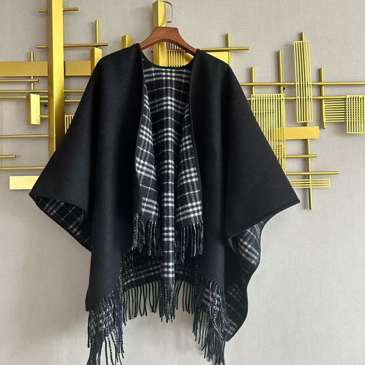 CHECK DOUBLE-SIDED CAPE 150 CM IN BLACK CASHMERE 401927 mysite