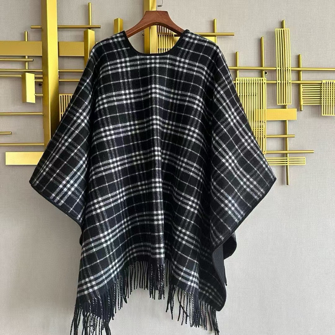 CHECK DOUBLE-SIDED CAPE 150 CM IN BLACK CASHMERE 401927 mysite