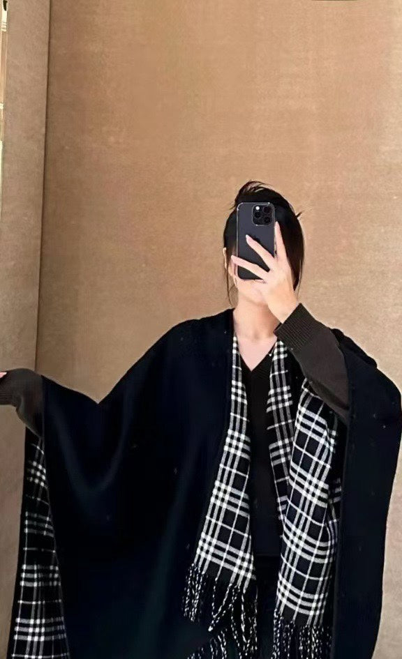 CHECK DOUBLE-SIDED CAPE 150 CM IN BLACK CASHMERE 401927 mysite