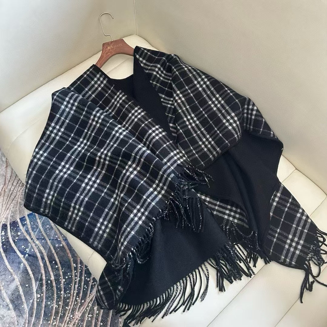 CHECK DOUBLE-SIDED CAPE 150 CM IN BLACK CASHMERE 401927 mysite