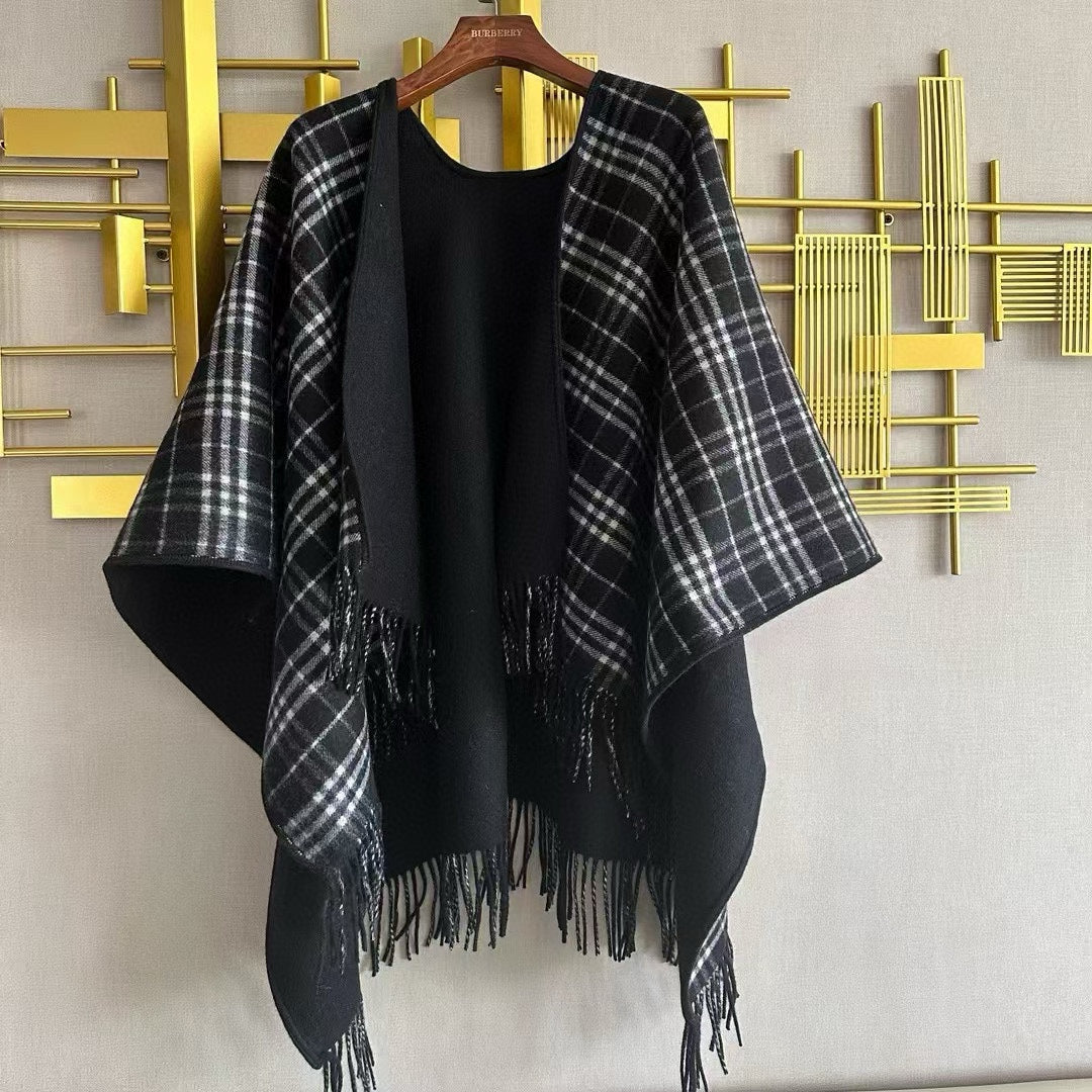 CHECK DOUBLE-SIDED CAPE 150 CM IN BLACK CASHMERE 401927 mysite