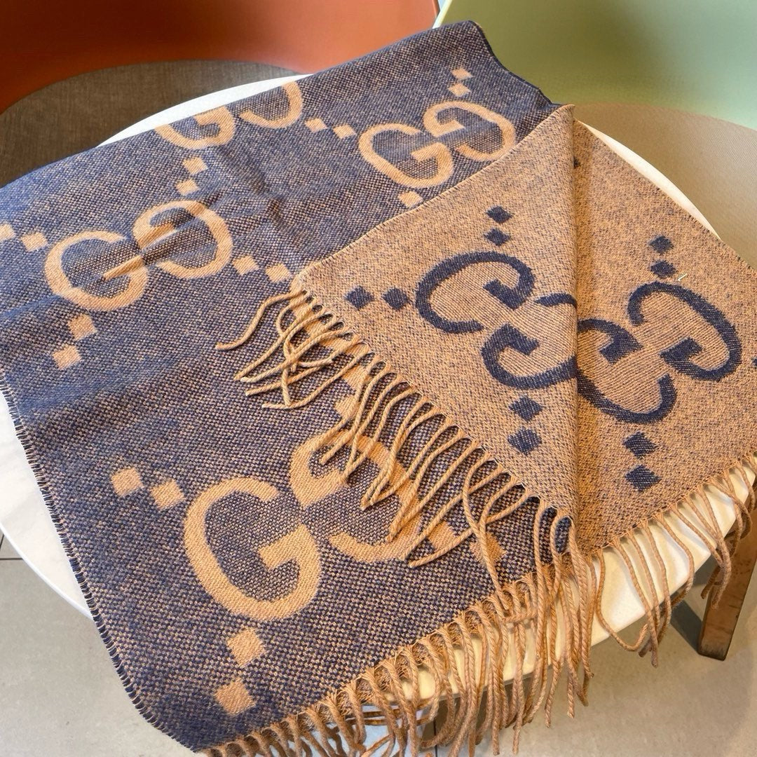 GG JACQUARD PATTERN KNIT SCARF 195 CM WITH TASSELS PIGEON BLUE 403745 mysite