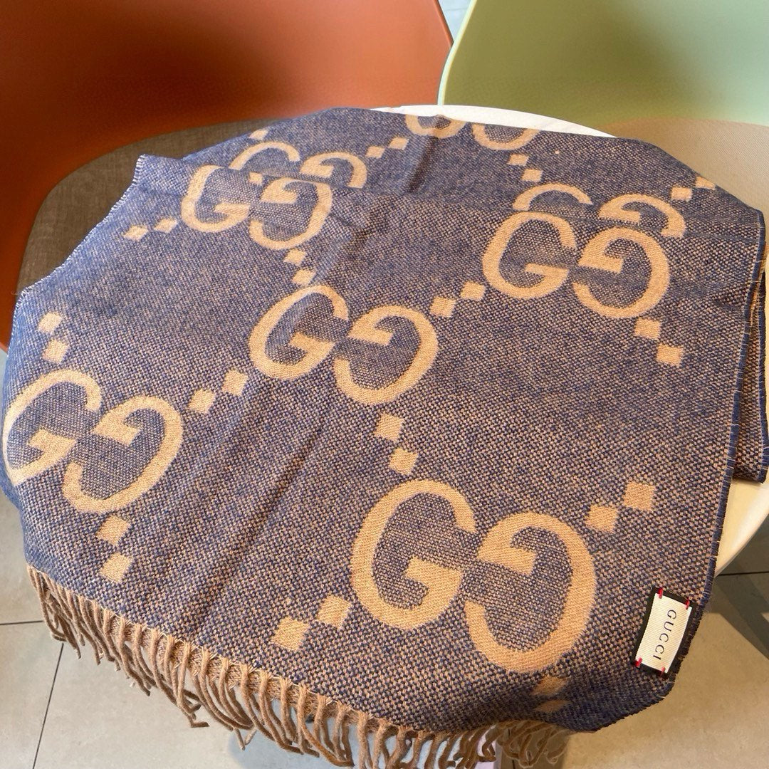 GG JACQUARD PATTERN KNIT SCARF 195 CM WITH TASSELS PIGEON BLUE 403745 mysite
