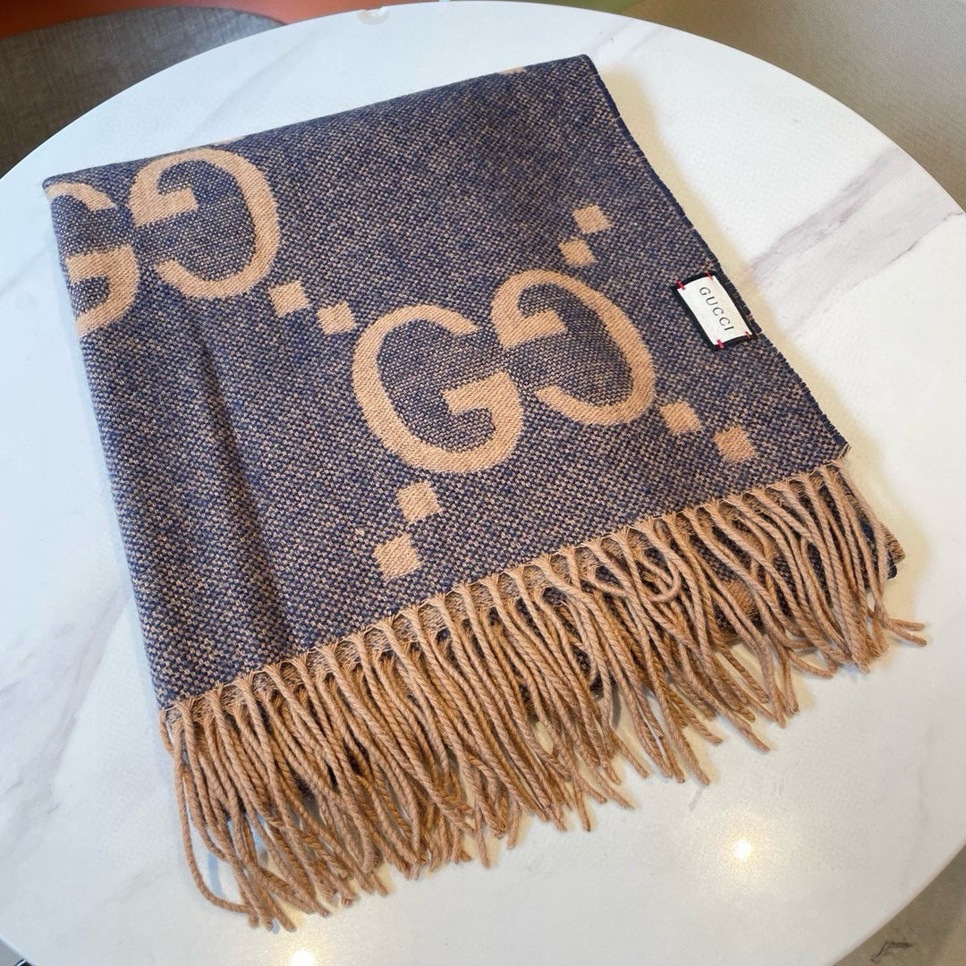 GG JACQUARD PATTERN KNIT SCARF 195 CM WITH TASSELS PIGEON BLUE 403745 mysite