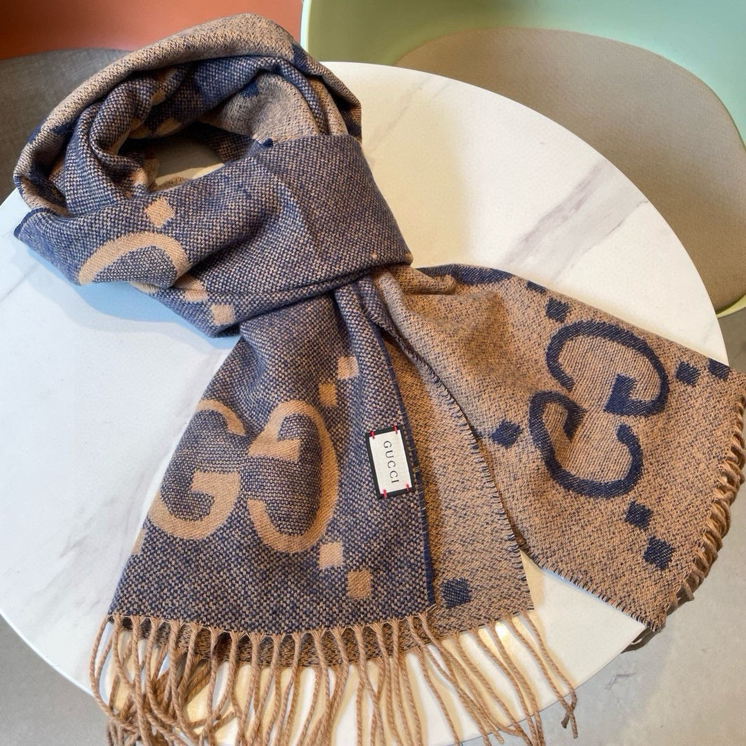 GG JACQUARD PATTERN KNIT SCARF 195 CM WITH TASSELS PIGEON BLUE 403745 mysite