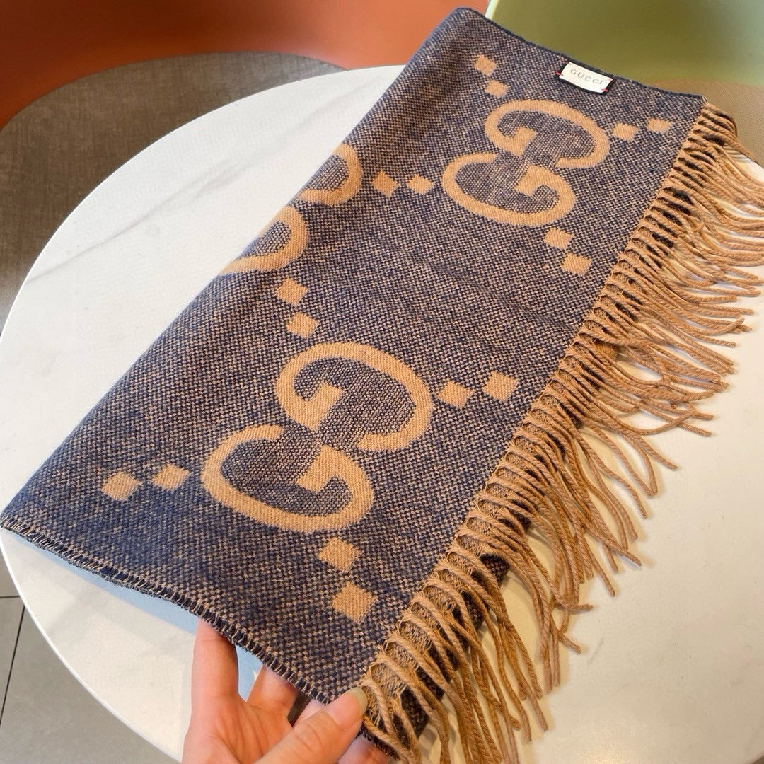GG JACQUARD PATTERN KNIT SCARF 195 CM WITH TASSELS PIGEON BLUE 403745 mysite