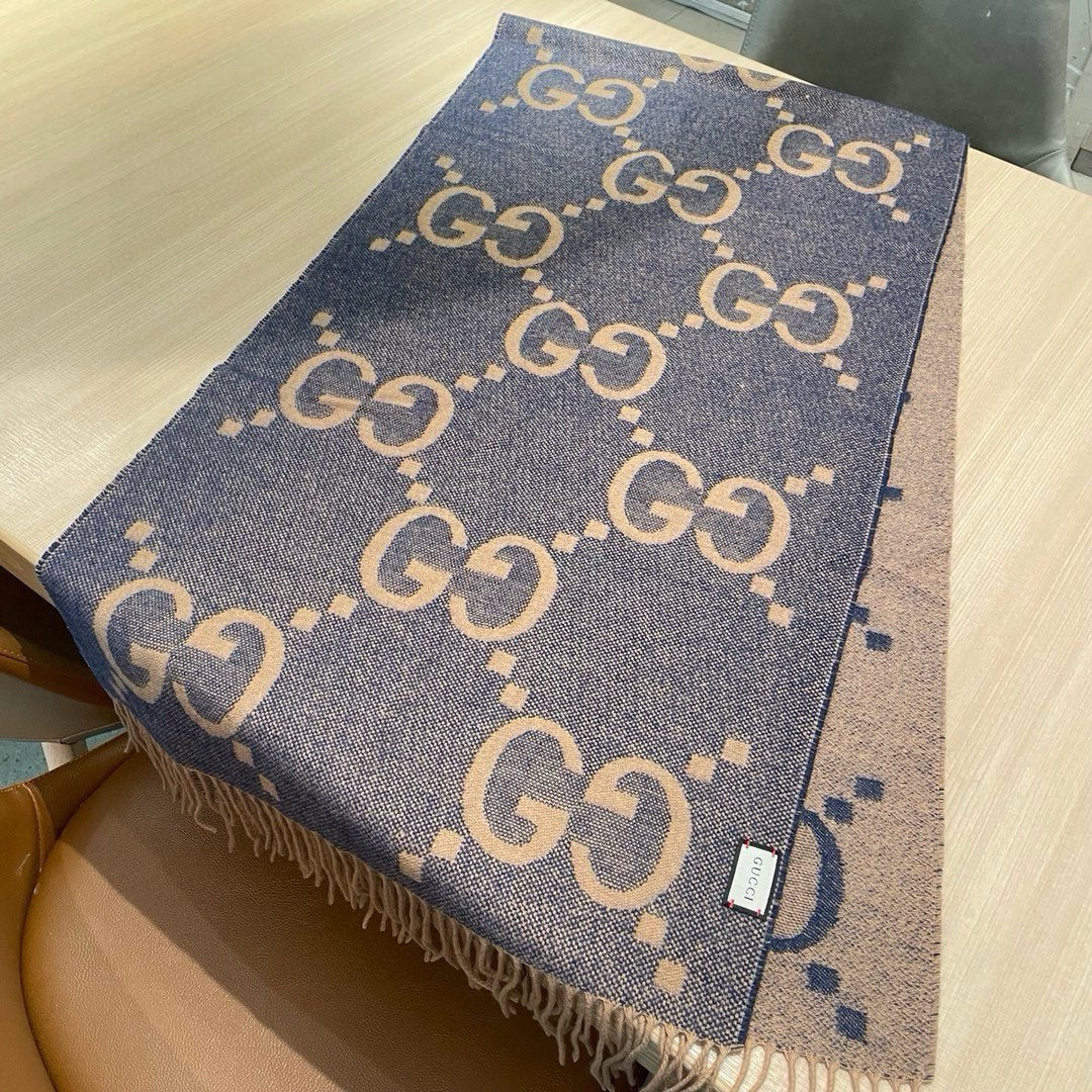 GG JACQUARD PATTERN KNIT SCARF 195 CM WITH TASSELS PIGEON BLUE 403745 mysite