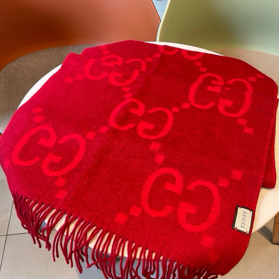 GG JACQUARD PATTERN KNIT SCARF 195 CM WITH TASSELS CHERRY RED 403746 mysite
