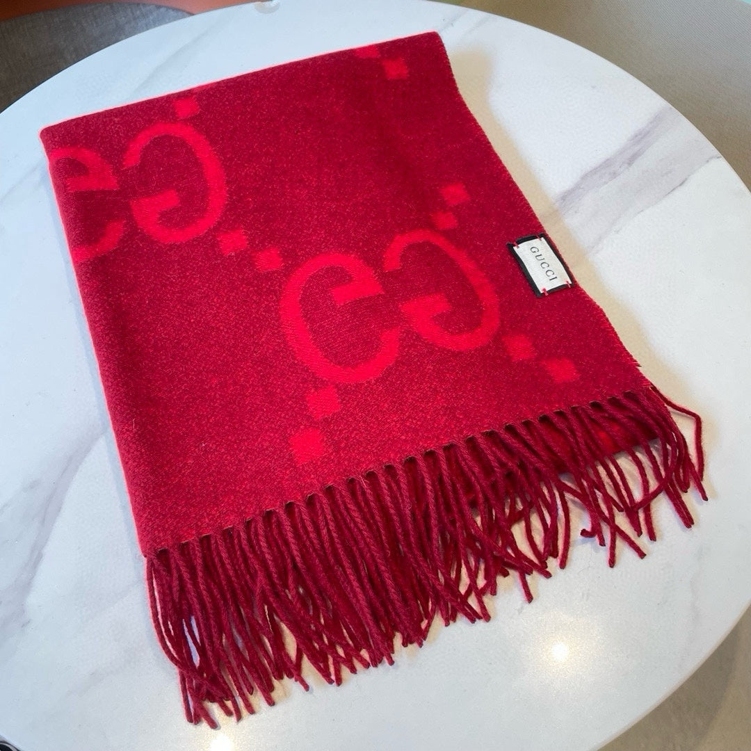 GG JACQUARD PATTERN KNIT SCARF 195 CM WITH TASSELS CHERRY RED 403746 mysite