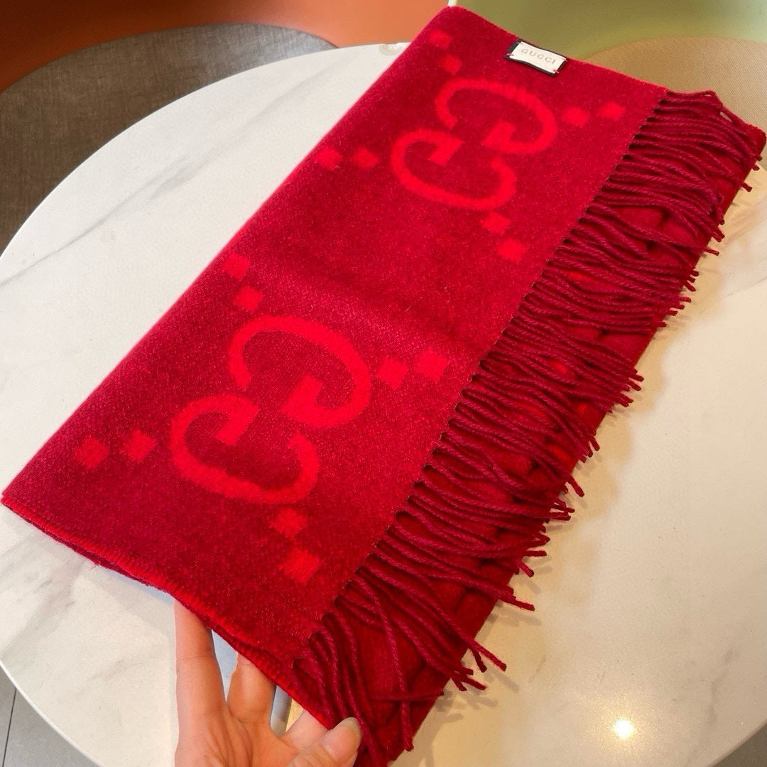 GG JACQUARD PATTERN KNIT SCARF 195 CM WITH TASSELS CHERRY RED 403746 mysite