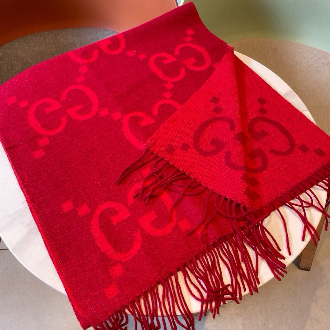 GG JACQUARD PATTERN KNIT SCARF 195 CM WITH TASSELS CHERRY RED 403746 mysite