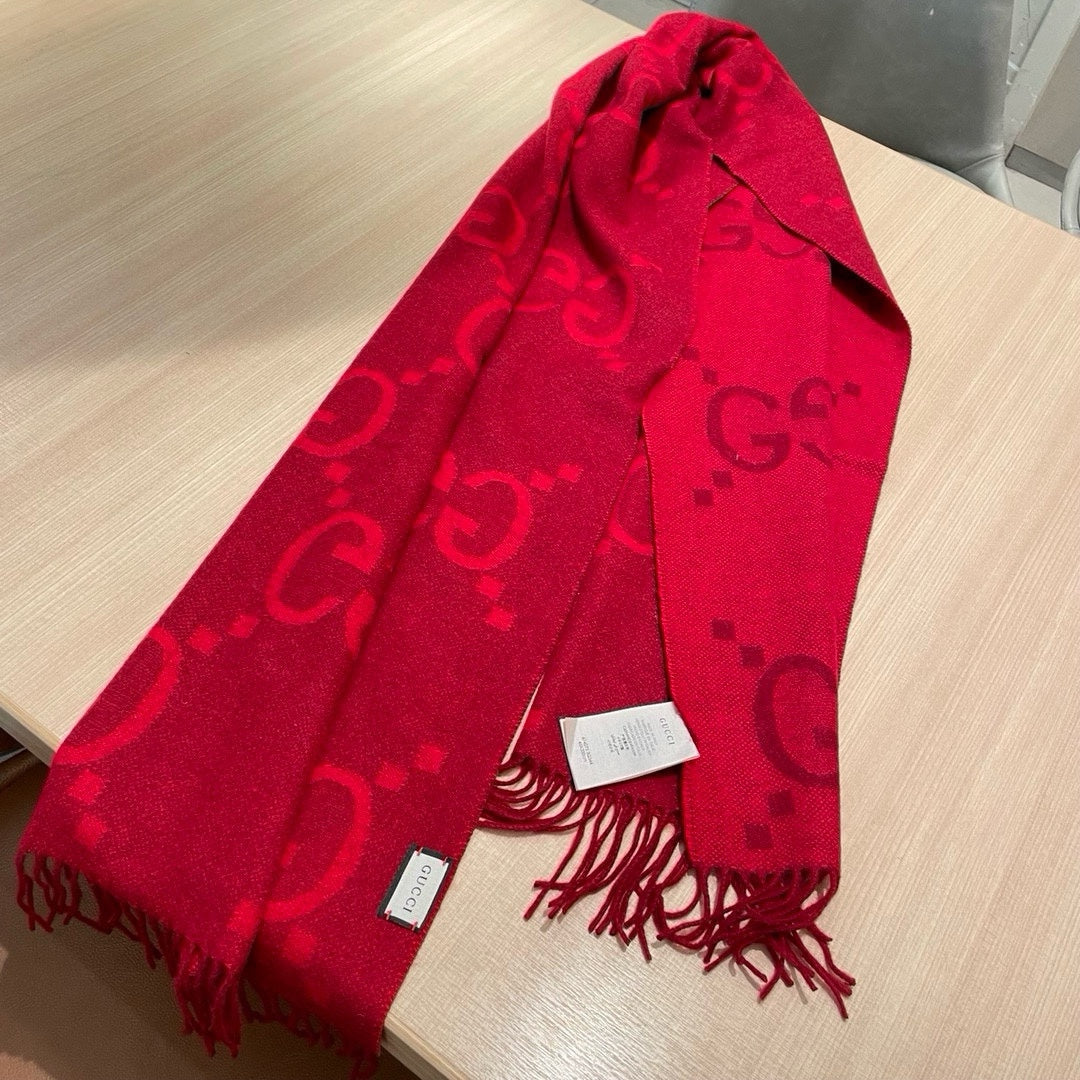 GG JACQUARD PATTERN KNIT SCARF 195 CM WITH TASSELS CHERRY RED 403746 mysite