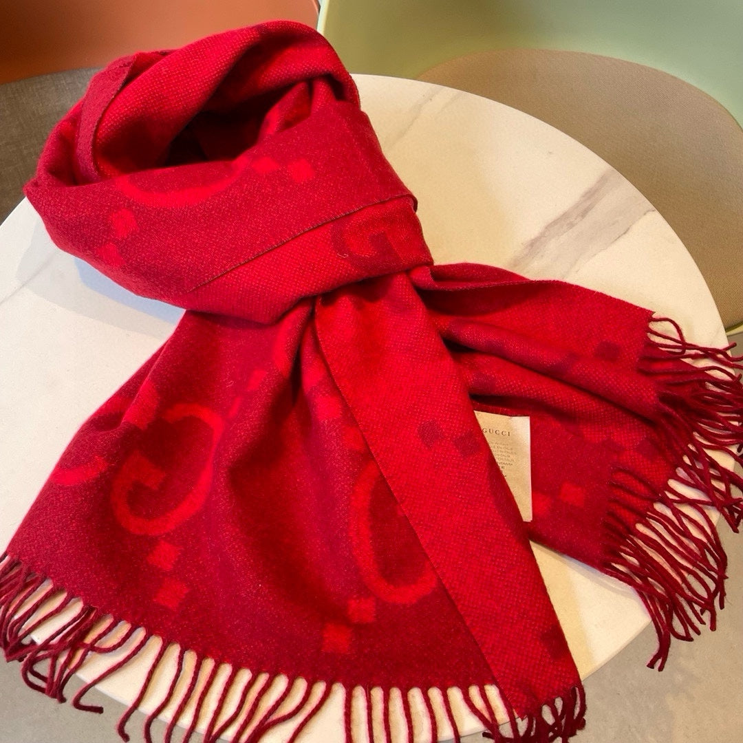 GG JACQUARD PATTERN KNIT SCARF 195 CM WITH TASSELS CHERRY RED 403746 mysite