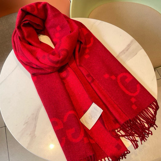 GG JACQUARD PATTERN KNIT SCARF 195 CM WITH TASSELS CHERRY RED 403746 mysite