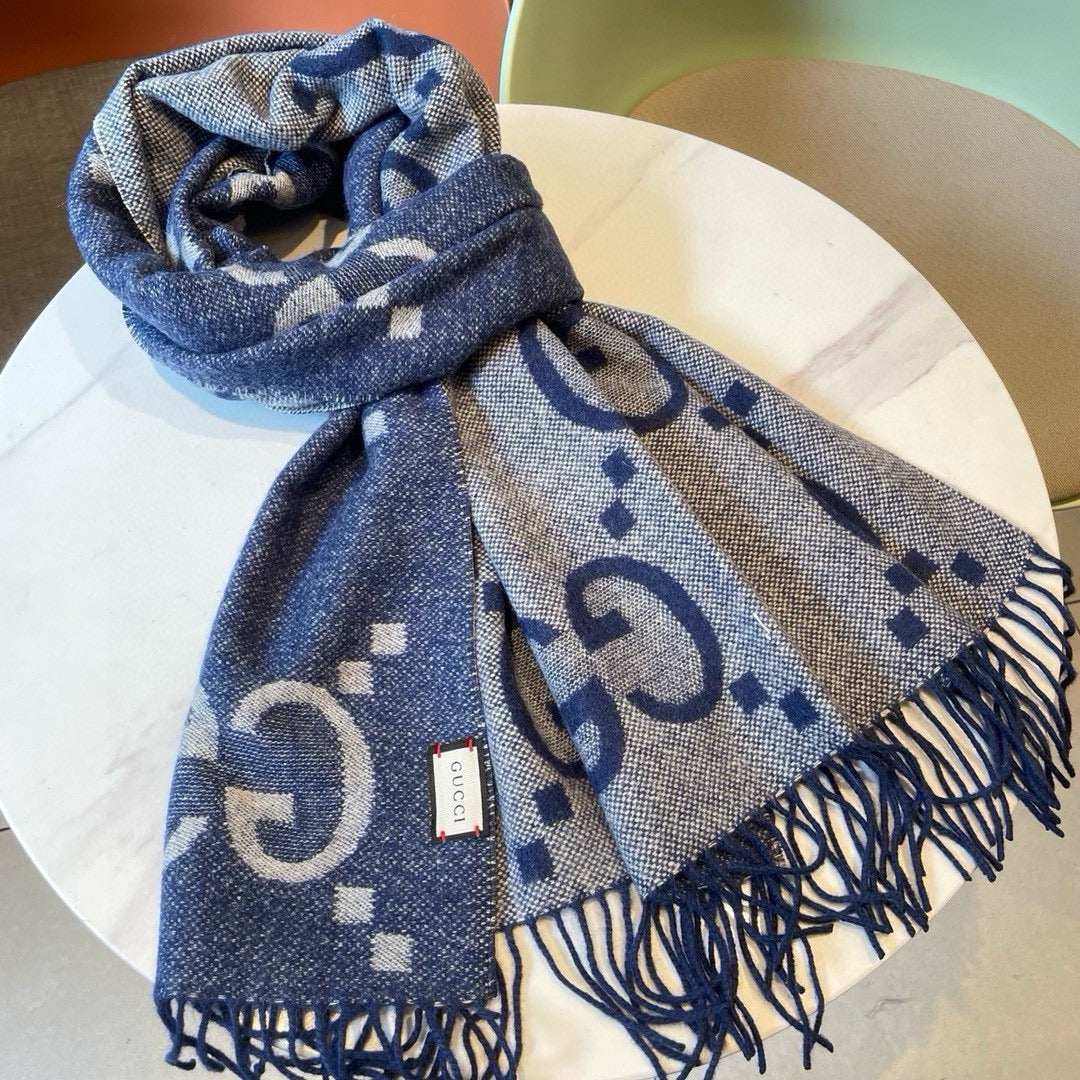 GG JACQUARD PATTERN KNIT SCARF 195 CM WITH TASSELS NAVY BLUE 403747 mysite