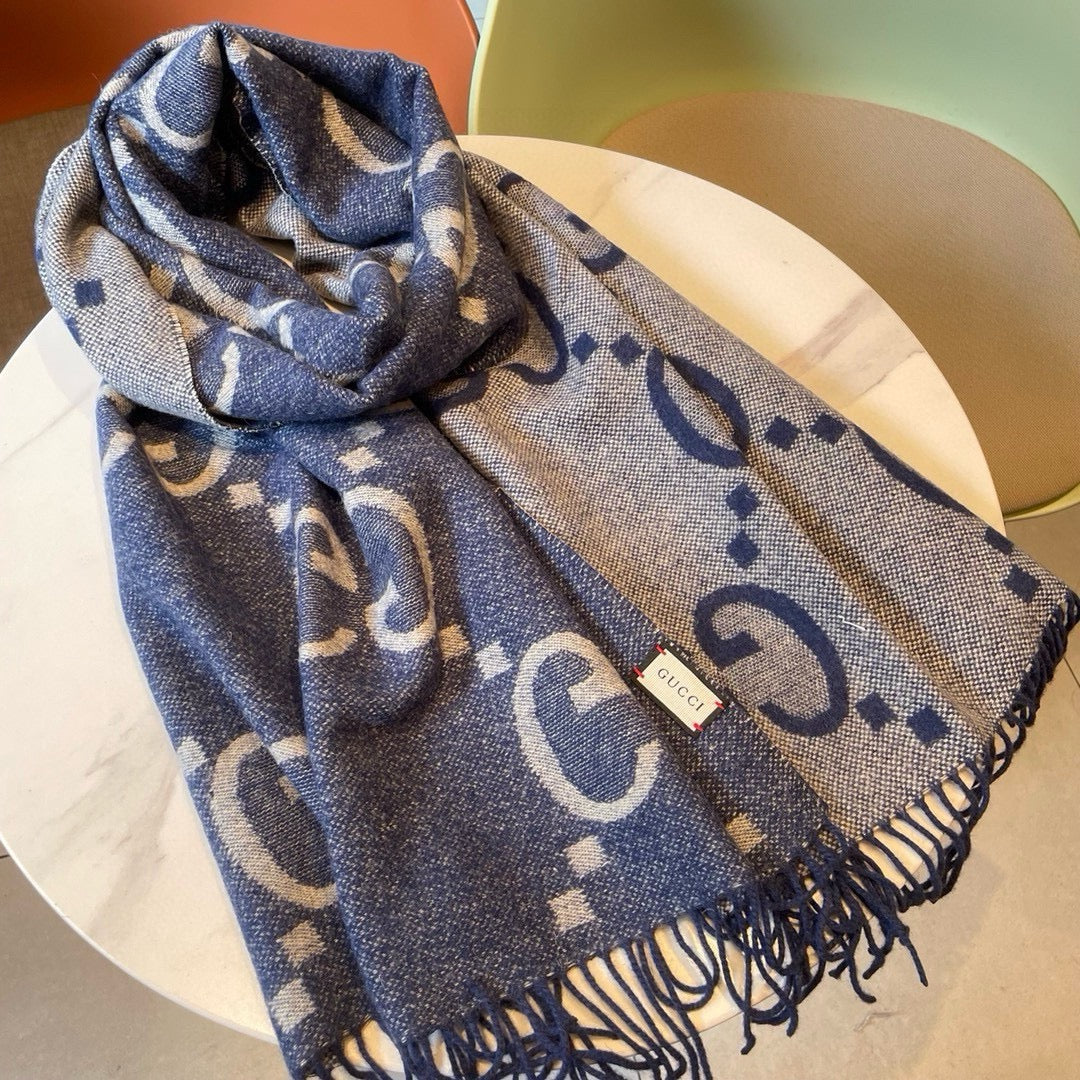 GG JACQUARD PATTERN KNIT SCARF 195 CM WITH TASSELS NAVY BLUE 403747 mysite