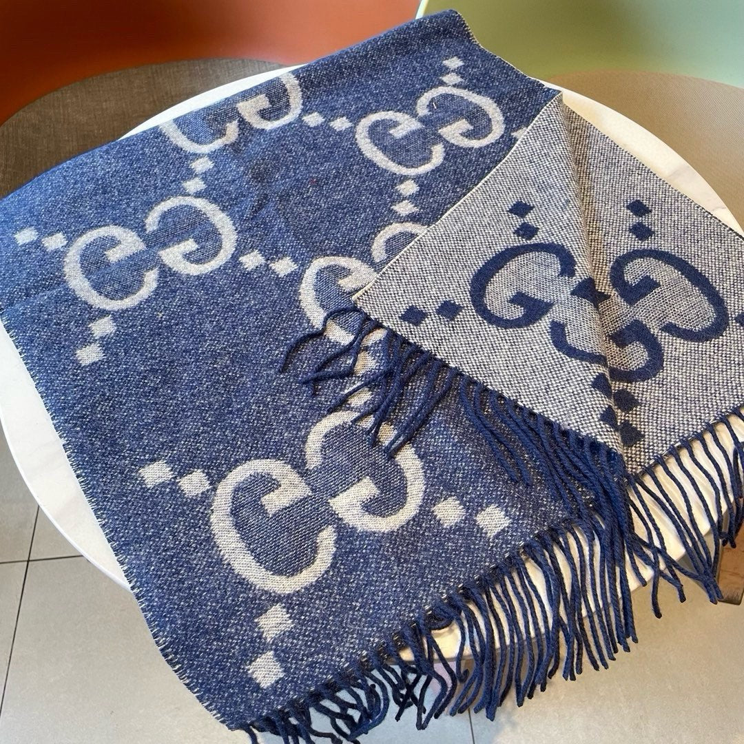 GG JACQUARD PATTERN KNIT SCARF 195 CM WITH TASSELS NAVY BLUE 403747 mysite