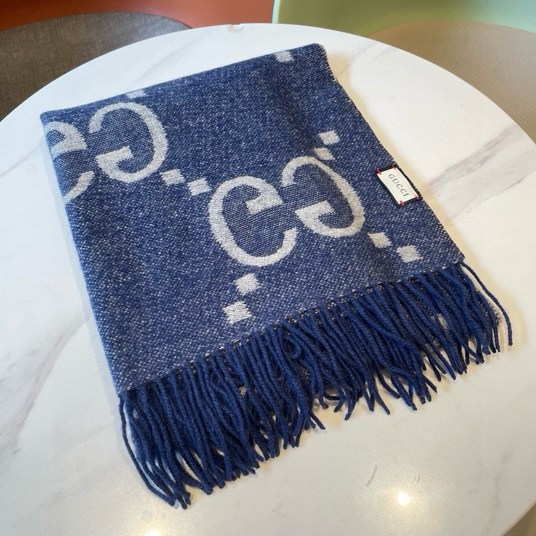 GG JACQUARD PATTERN KNIT SCARF 195 CM WITH TASSELS NAVY BLUE 403747 mysite