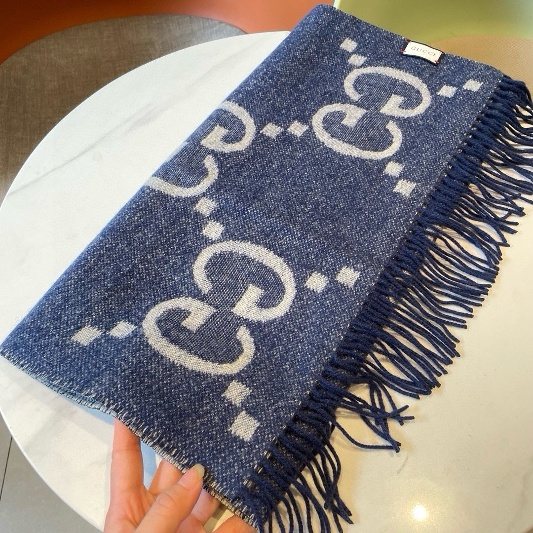 GG JACQUARD PATTERN KNIT SCARF 195 CM WITH TASSELS NAVY BLUE 403747 mysite