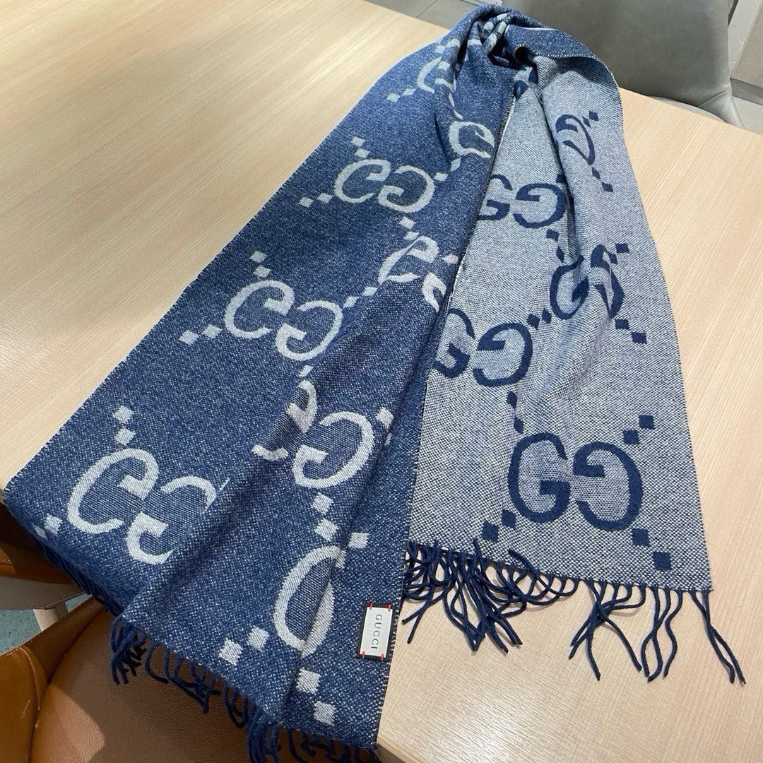 GG JACQUARD PATTERN KNIT SCARF 195 CM WITH TASSELS NAVY BLUE 403747 mysite