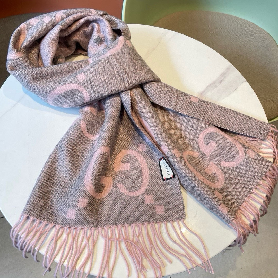 GG JACQUARD PATTERN KNIT SCARF 195 CM WITH TASSELS HARBOR GRAY MIX LIGHT PINK 403748 mysite