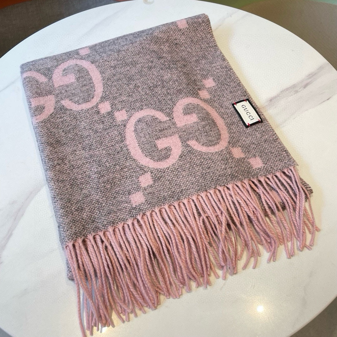 GG JACQUARD PATTERN KNIT SCARF 195 CM WITH TASSELS HARBOR GRAY MIX LIGHT PINK 403748 mysite