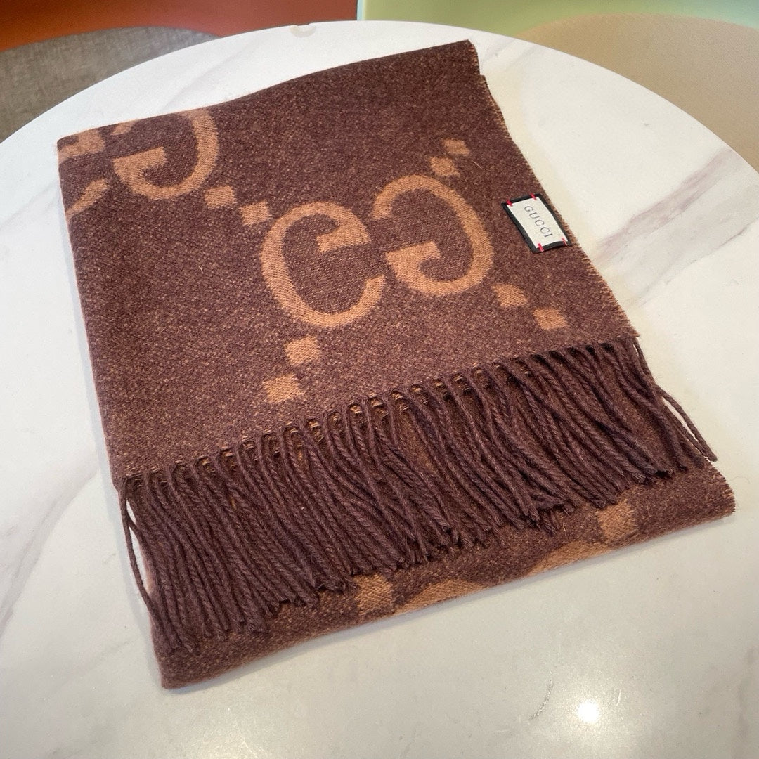 GG JACQUARD PATTERN KNIT SCARF 195 CM WITH TASSELS CHESTNUT BROWN 403749 mysite