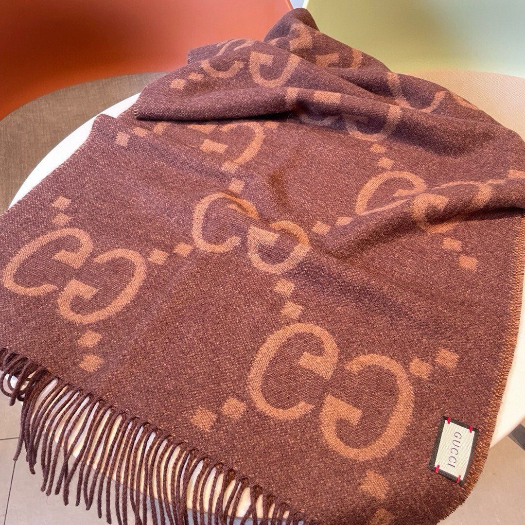 GG JACQUARD PATTERN KNIT SCARF 195 CM WITH TASSELS CHESTNUT BROWN 403749 mysite