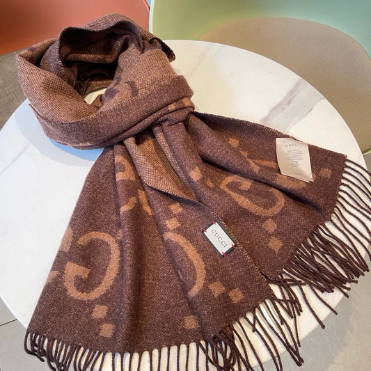 GG JACQUARD PATTERN KNIT SCARF 195 CM WITH TASSELS CHESTNUT BROWN 403749 mysite
