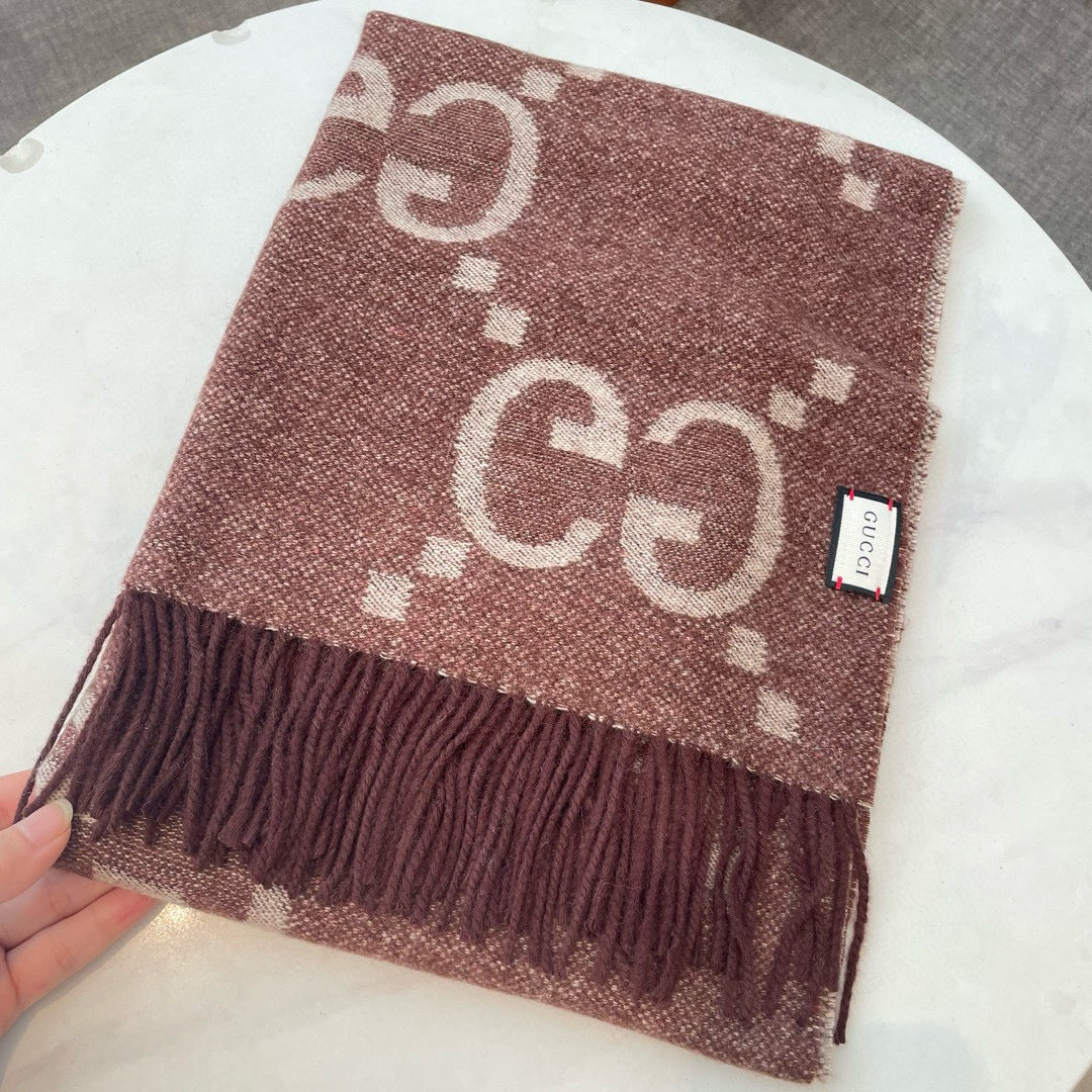 GG JACQUARD PATTERN KNIT SCARF 195 CM WITH TASSELS UMBER BROWN 403751 mysite