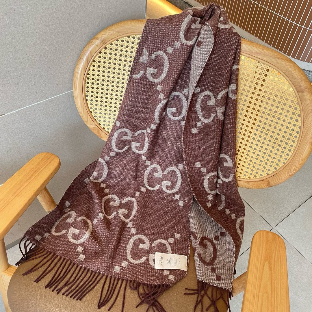 GG JACQUARD PATTERN KNIT SCARF 195 CM WITH TASSELS UMBER BROWN 403751 mysite