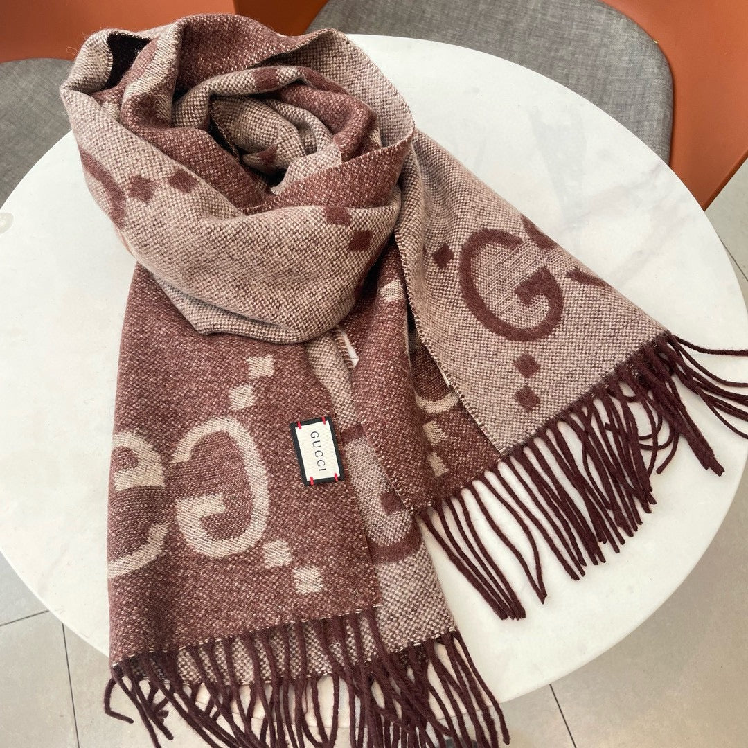 GG JACQUARD PATTERN KNIT SCARF 195 CM WITH TASSELS UMBER BROWN 403751 mysite